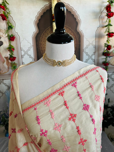 Lightweight Kutch Embroidery Pure Tussar Silk Saree | Off White | Gujarati Hand Embroidery | Ships from California